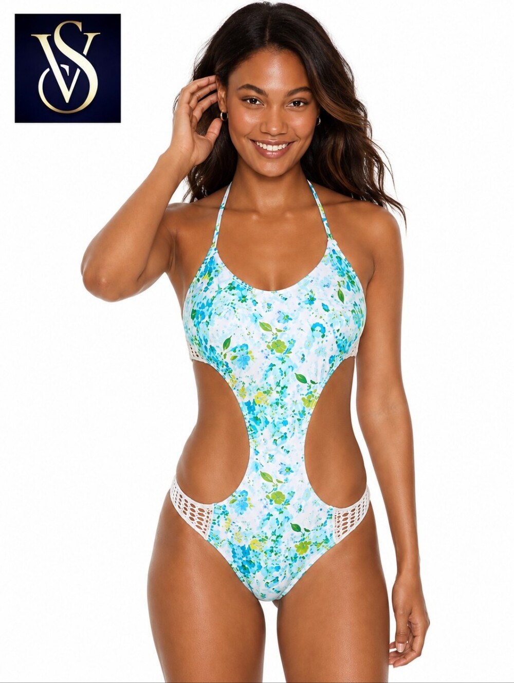 Victoria Secrets Crochet Detail Cutout Floral Print Monokini Swimsuit XL NEW